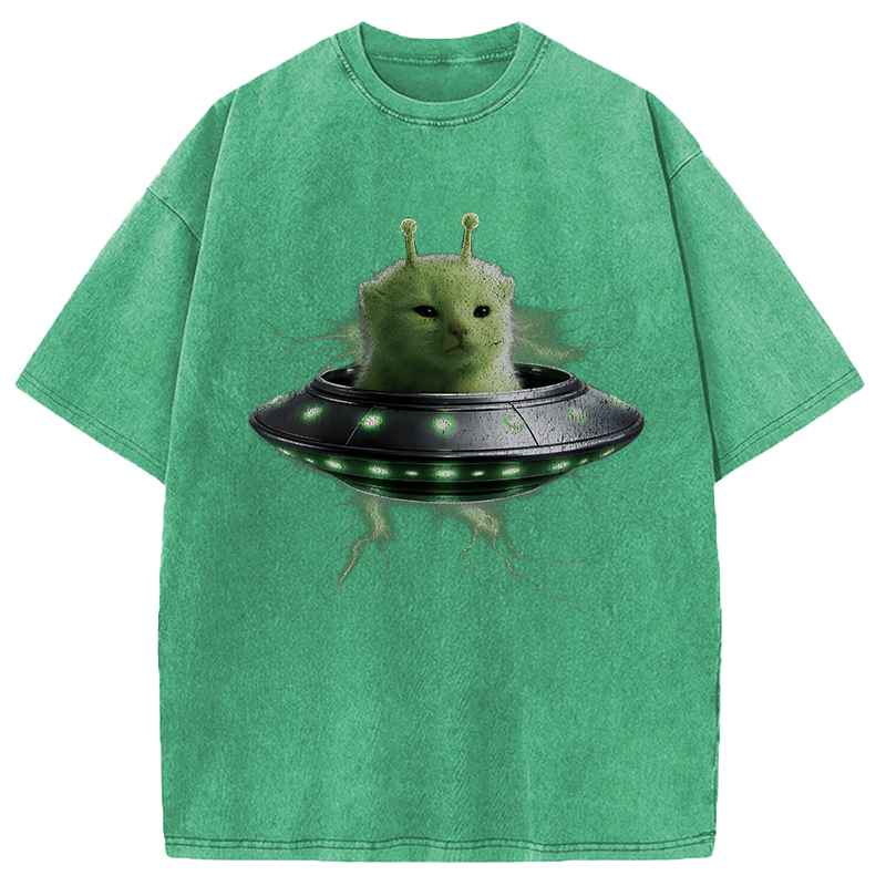 Modecanvas UFO Alien Cat DTG Printing Washed T-Shirt