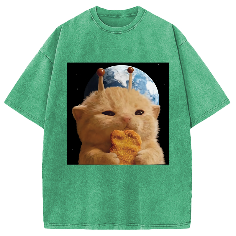 Modecanvas Space Chicken Nugget Alien Cat DTG Printing Washed T-Shirt