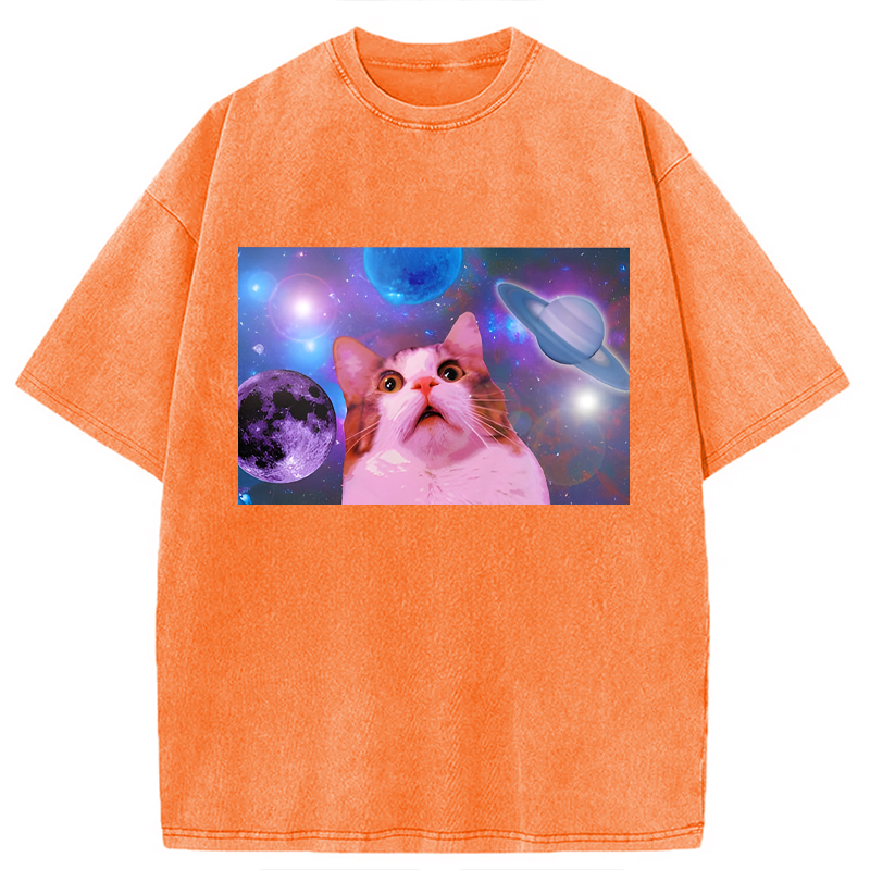Modecanvas Funny Cat In Space DTG Printing Washed T-Shirt