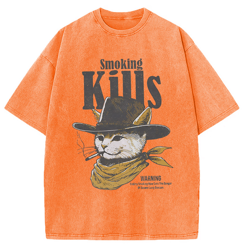 Modecanvas Funny Anti Smoking Cat DTG Printing Washed T-Shirt