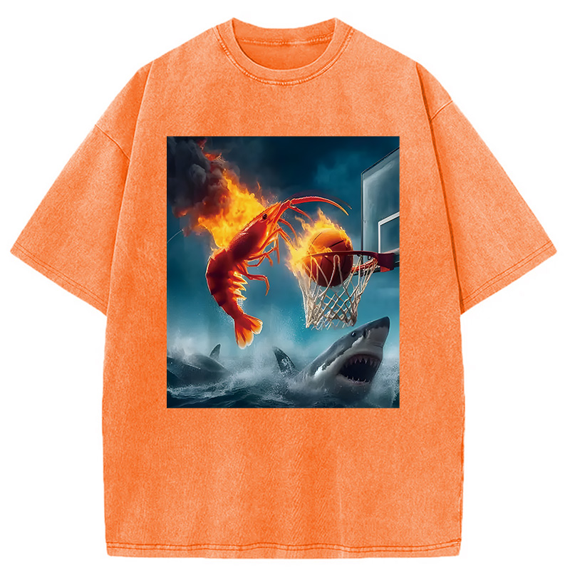 Modecanvas Shrimp Dunking on Shark Funny DTG Printing Washed T-Shirt