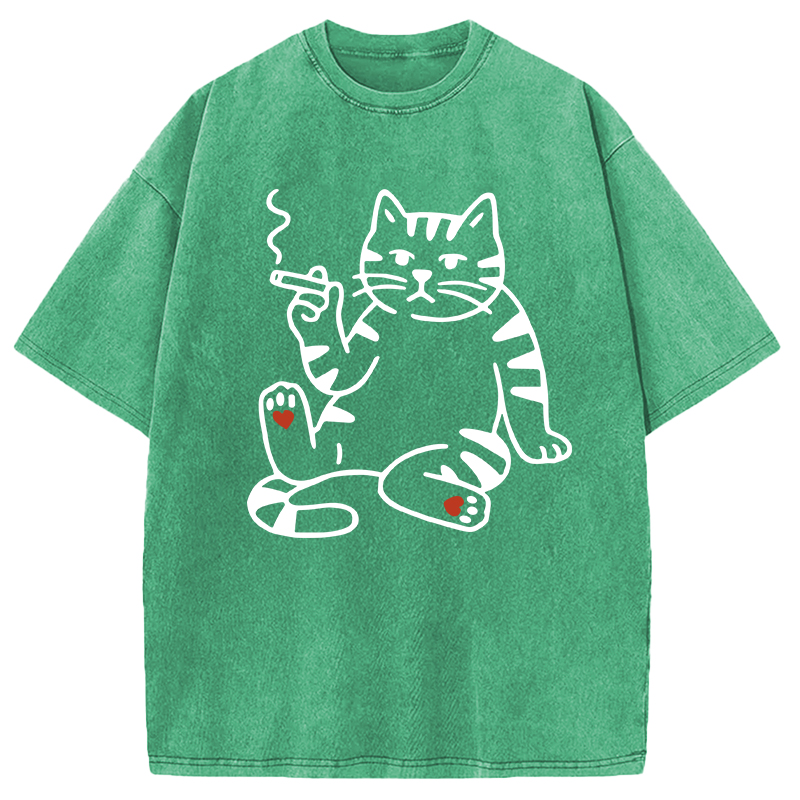 Modecanvas Funny Smoking Cat Meme DTG Printing Washed T-Shirt
