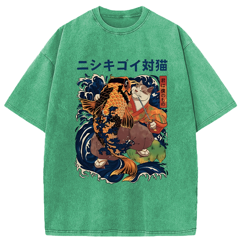 Modecanvas Harajuku Samurai Cat Koi Fish DTG Printing Washed T-Shirt