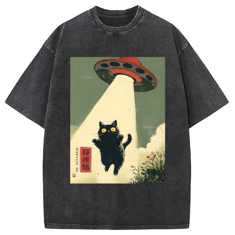 Modecanvas Vintage Japanese Alien Cat DTG Printing Washed T-Shirt
