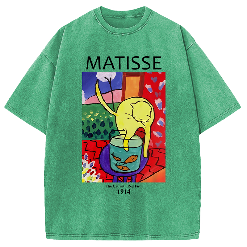 Modecanvas The Cat with Red Fish DTG Printing Washed T-Shirt