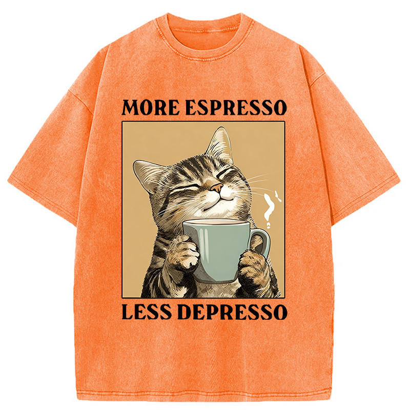 Modecanvas Cute Cat Drinking Coffee DTG Printing Washed T-Shirt