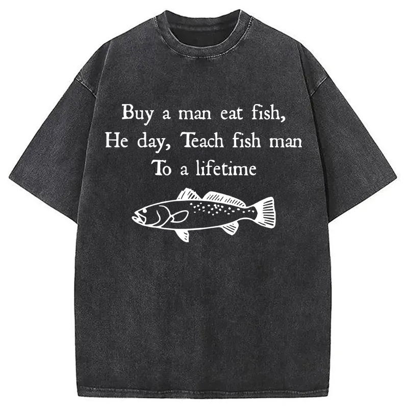 Modecanvas Man Eat Fish Meme DTG Printing Washed T-Shirt
