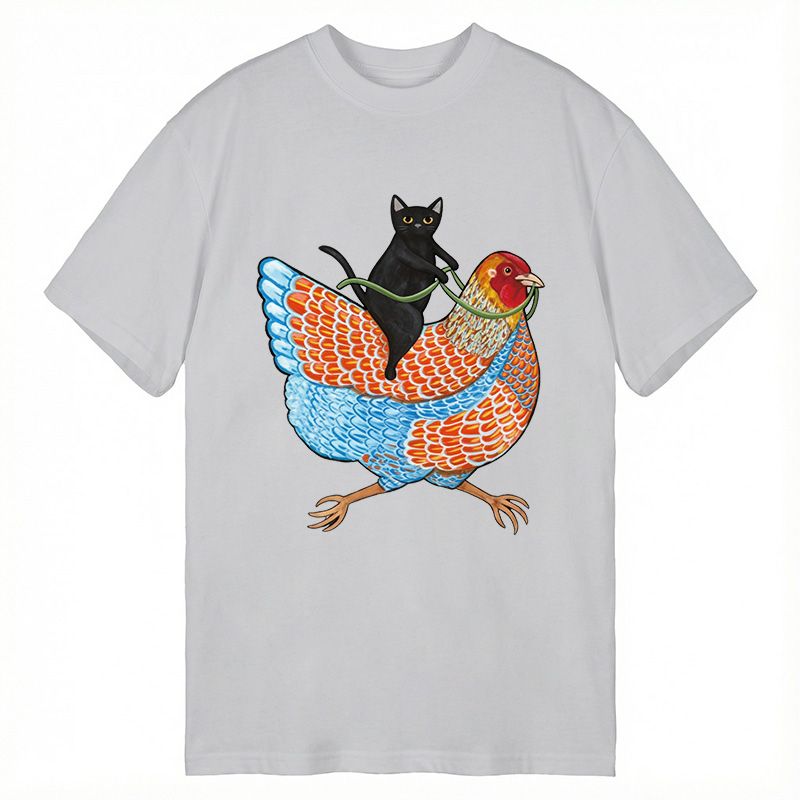 Modecanvas Black Cat On a Wyandotte Chicken DTG Printing Classic T-Shirt-modecanvas