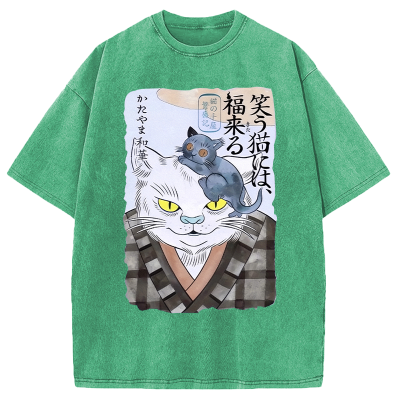 Modecanvas Japanese Vintage Cat DTG Printing Washed T-Shirt