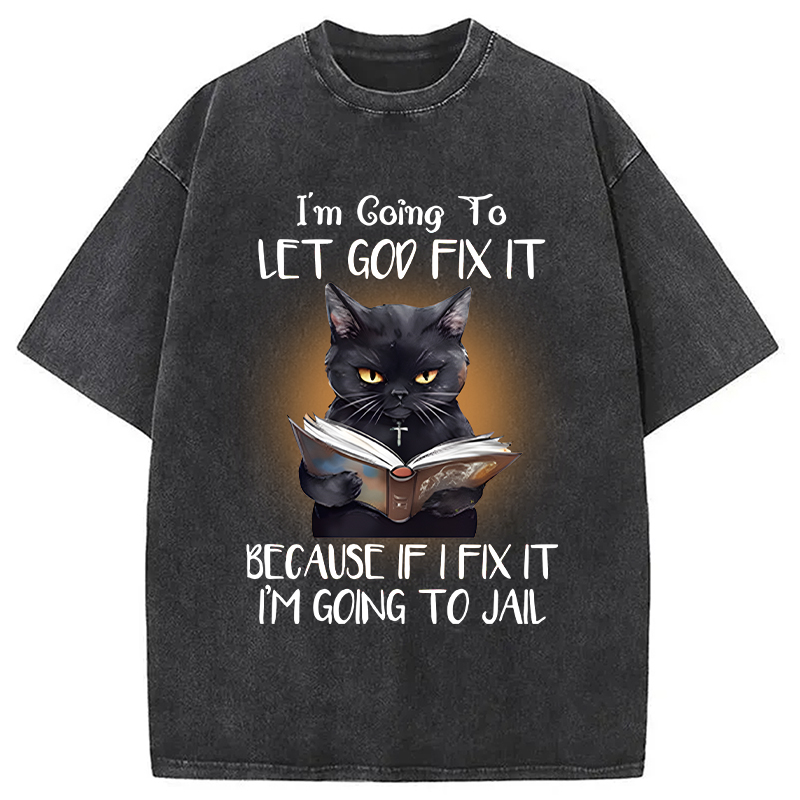 Modecanvas Funny Sarcastic Black Cat DTG Printing Washed T-Shirt