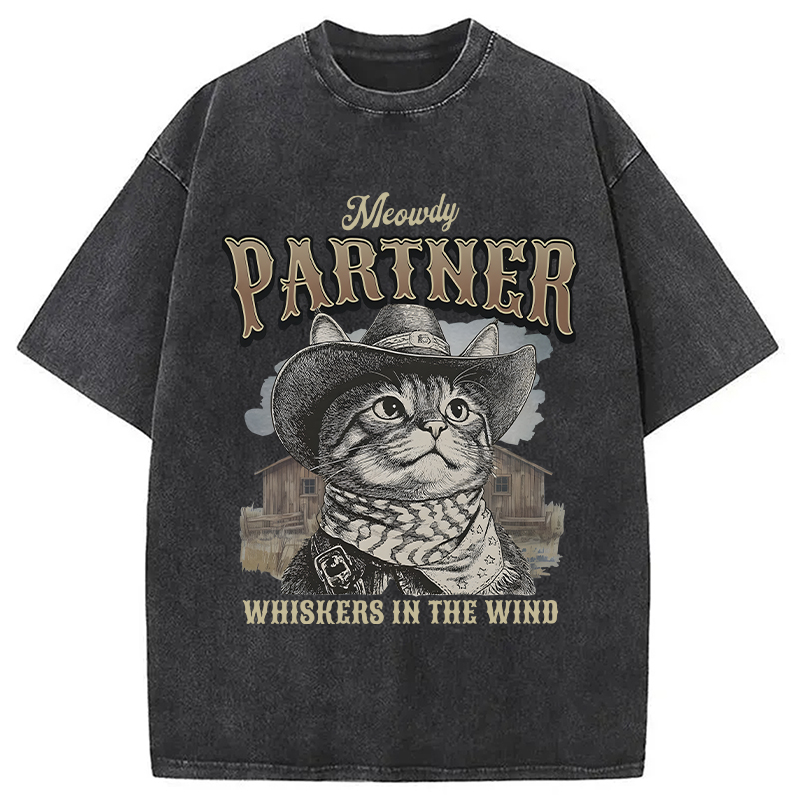 Modecanvas Meowdy Partner Cowboy Cat DTG Printing Washed T-Shirt