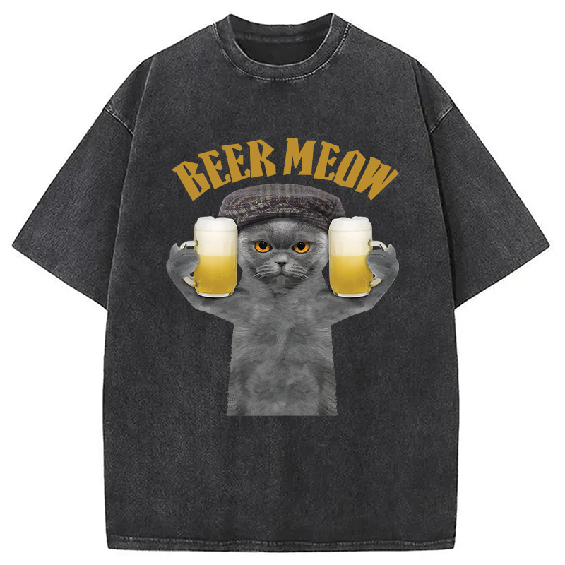 Modecanvas Funny Cat Drinking Or Serving Beer DTG Printing Washed T-Shirt