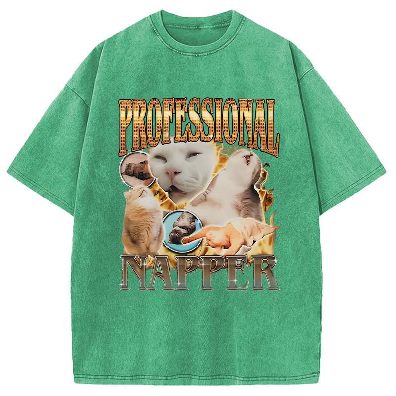 Modecanvas Professional Napper Funny Cat DTG Printing Washed T-Shirt