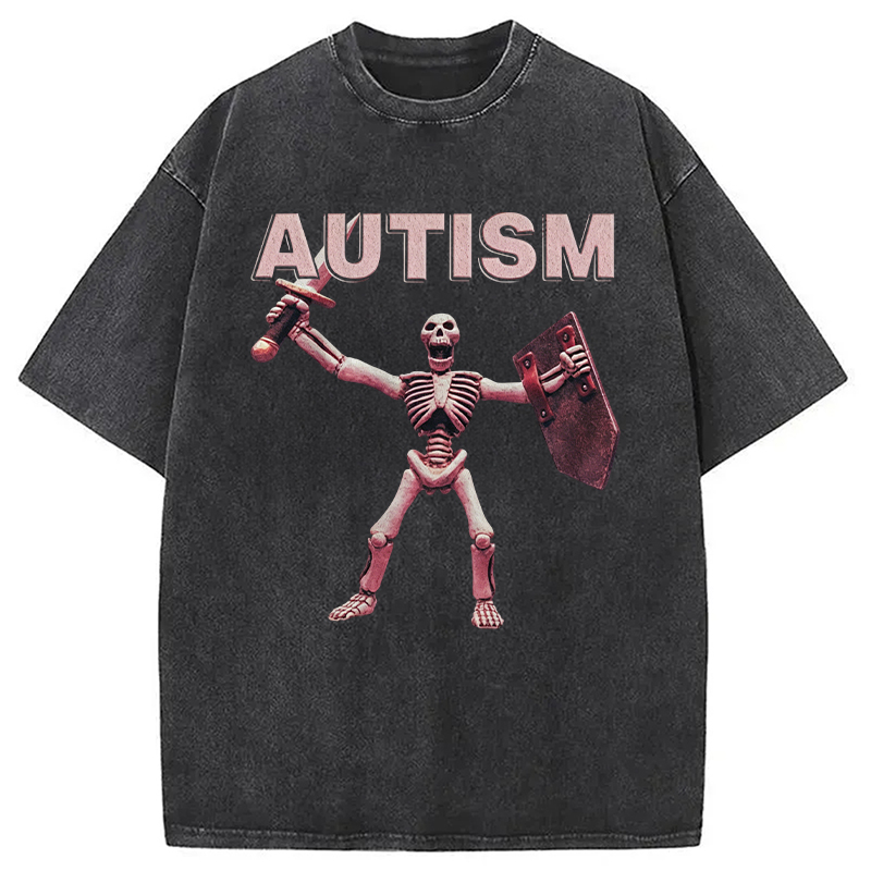 Modecanvas Funny Autism Skeleton Offensive Meme DTG Printing Washed T-Shirt