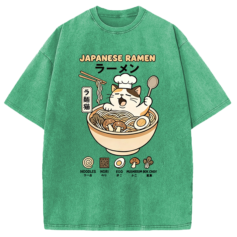 Modecanvas Ramen Cat DTG Printing Washed T-Shirt