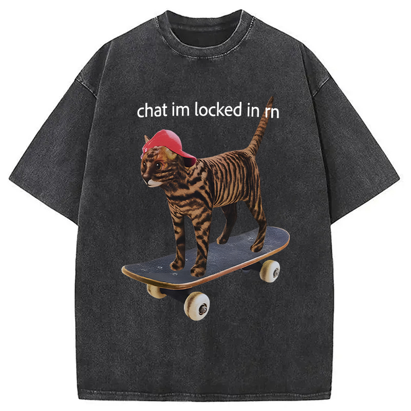 Modecanvas Locked In Skateboard Cat DTG Printing Washed T-Shirt