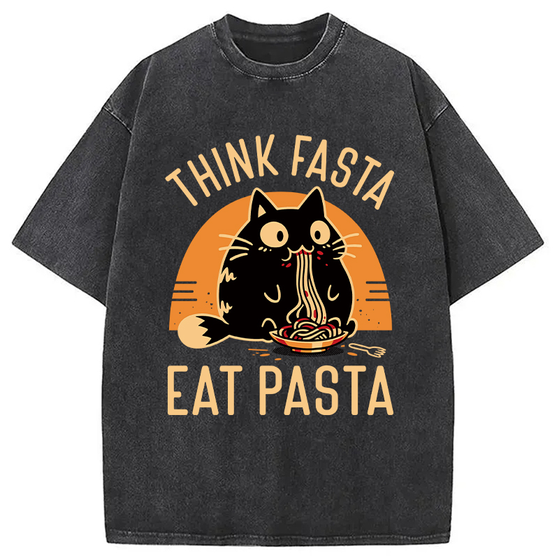 Modecanvas Think Fast Eat Pasta Funny Cat DTG Printing Washed T-Shirt