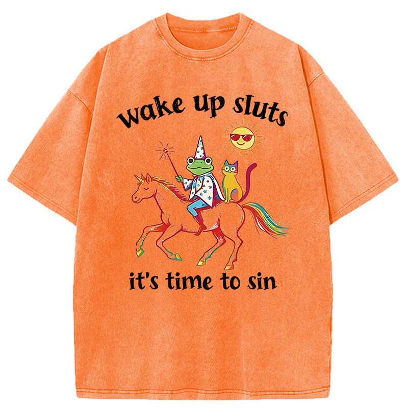 Modecanvas Wake Up Sluts Funny Frog DTG Printing Washed T-Shirt