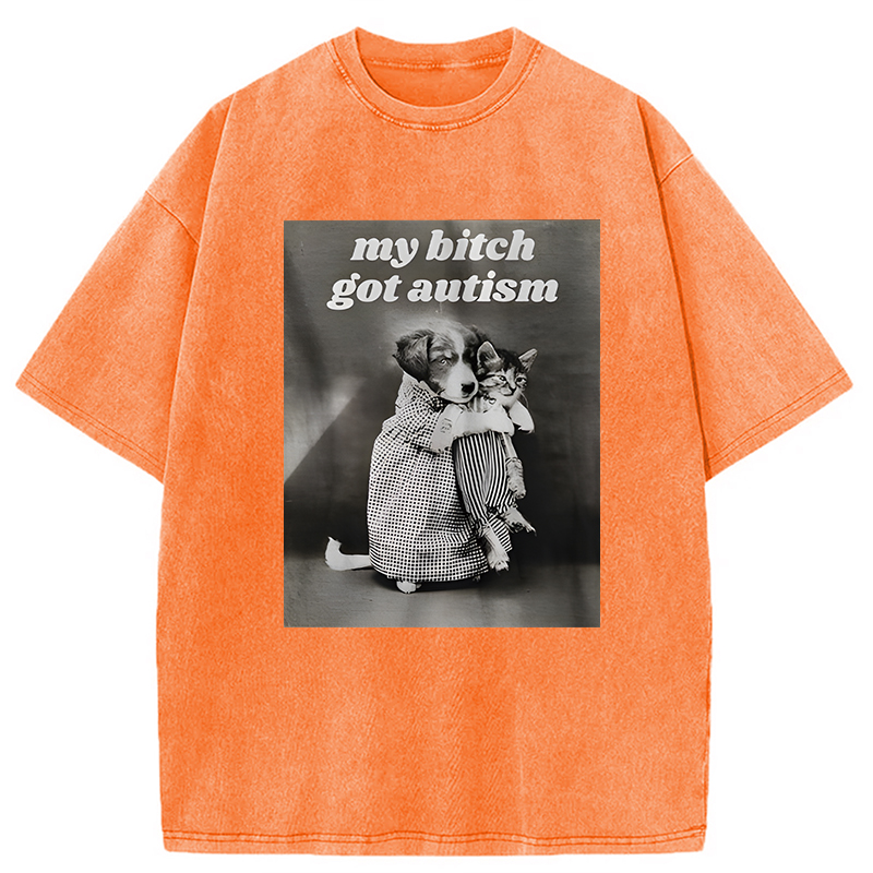 Modecanvas My B!tch Got Autism Funny Dog Holding Cat Meme DTG Printing Washed T-Shirt