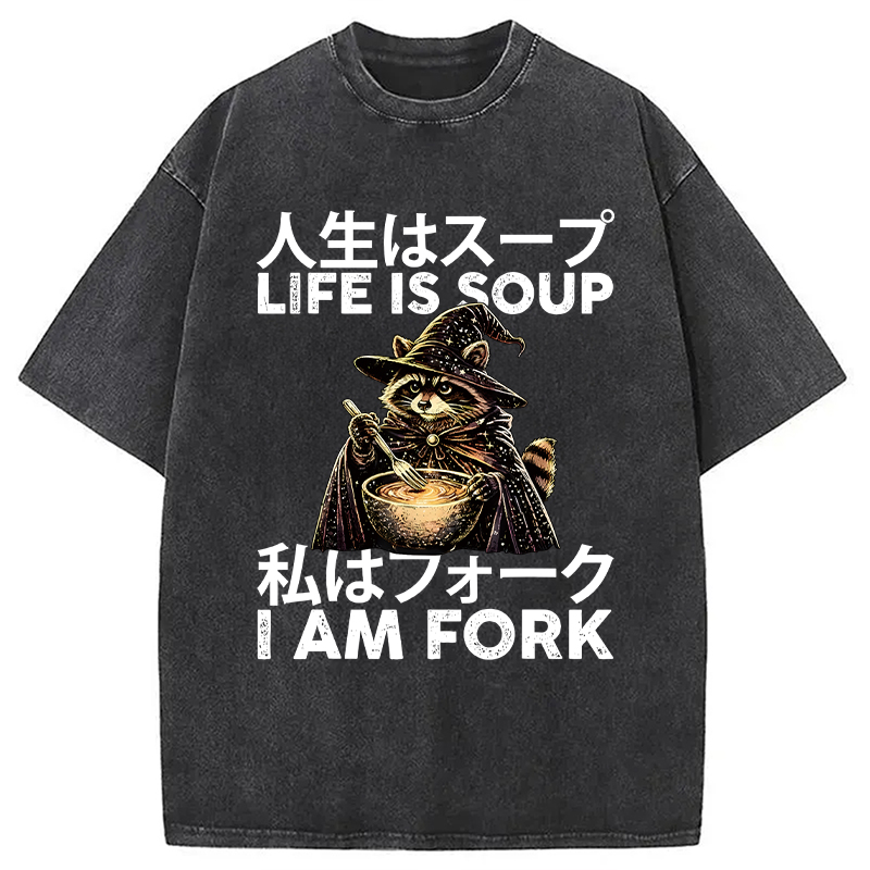 Modecanvas Life is Soup I Am Fork Funny Raccoon Wizard Meme DTG Printing Washed T-Shirt