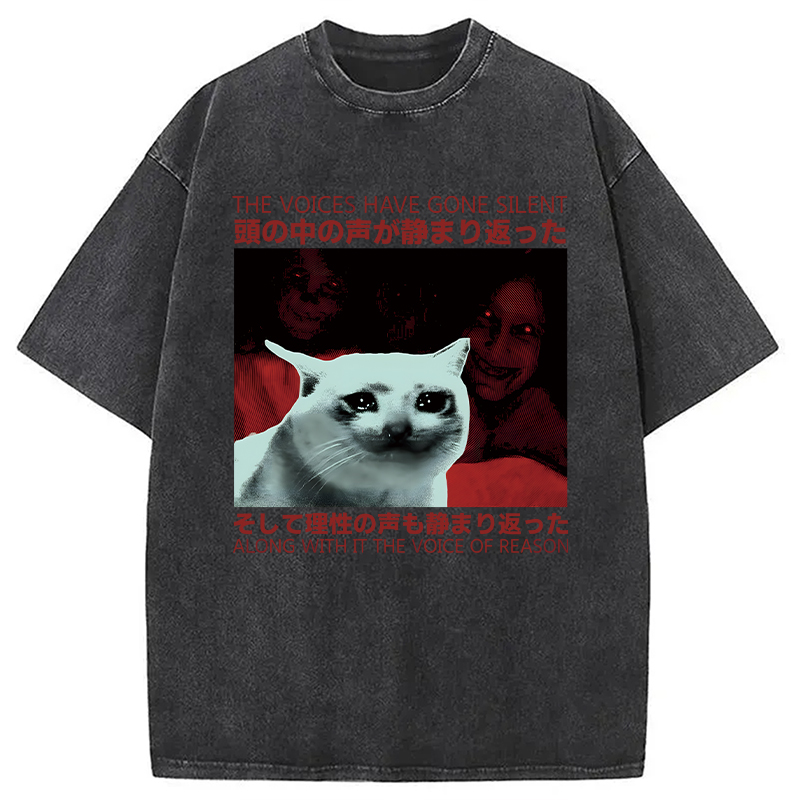 Modecanvas Silent Cat Funny Vintage Japanese DTG Printing Washed T-Shirt