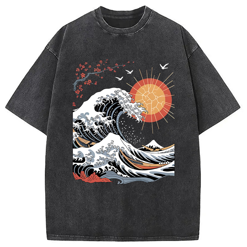 Modecanvas Ocean Sun Cherry Blossom DTG Printing Washed T-Shirt