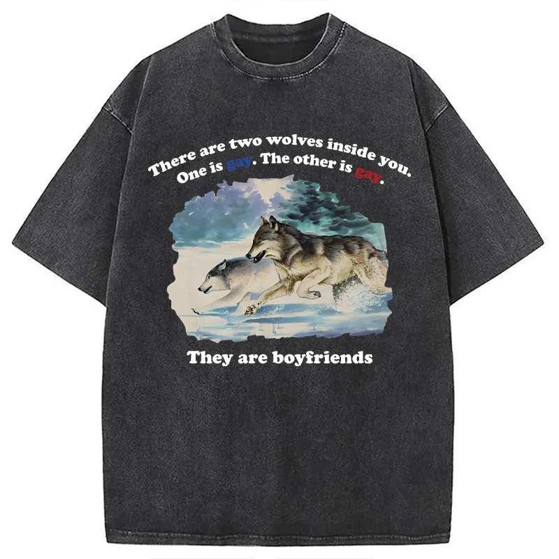 Modecanvas Two Wolves Gay Meme DTG Printing Washed T-Shirt