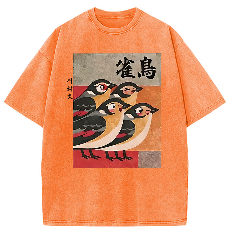 Modecanvas Cute Sparrows DTG Printing Washed T-Shirt