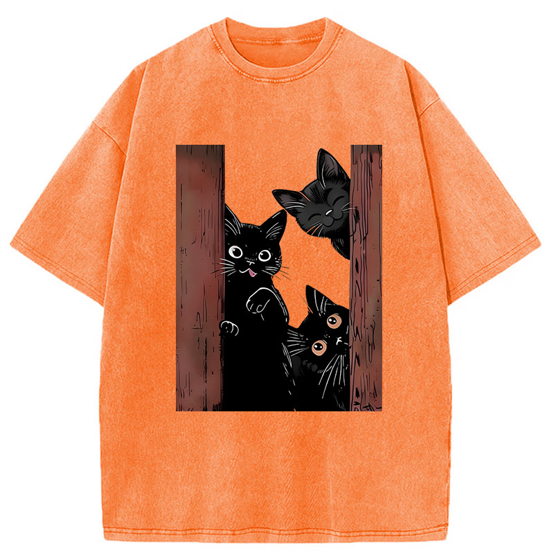 Modecanvas Funny Cats Spying On You DTG Printing Washed T-Shirt