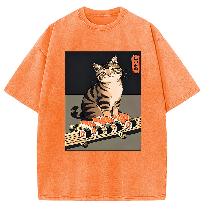 Modecanvas Cute Cat Trying To Steal Sushi DTG Printing Washed T-Shirt