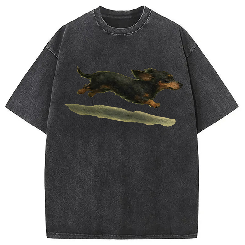 Modecanvas Funny Retro Cute Running Dog DTG Printing Washed T-Shirt