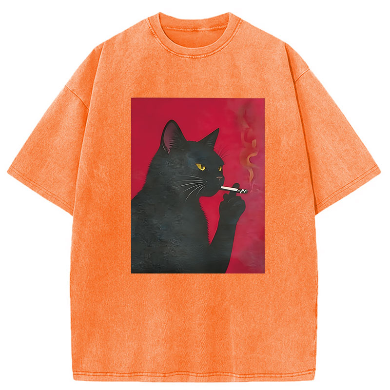 Modecanvas Black Cat Smoking DTG Printing Washed T-Shirt
