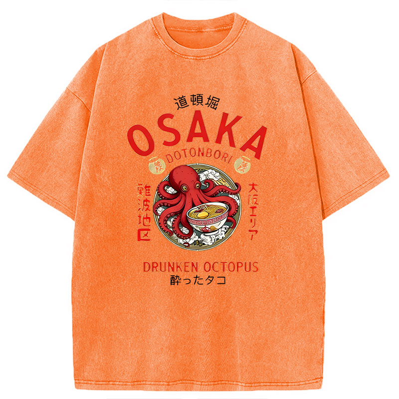 Modecanvas Osaka Drunken Octopus Eating Ramen DTG Printing Washed T-Shirt
