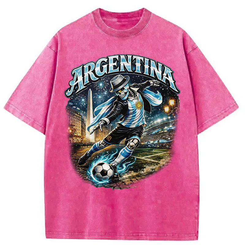 Modecanvas Skull Argentina Football DTG Printing Washed T-Shirt