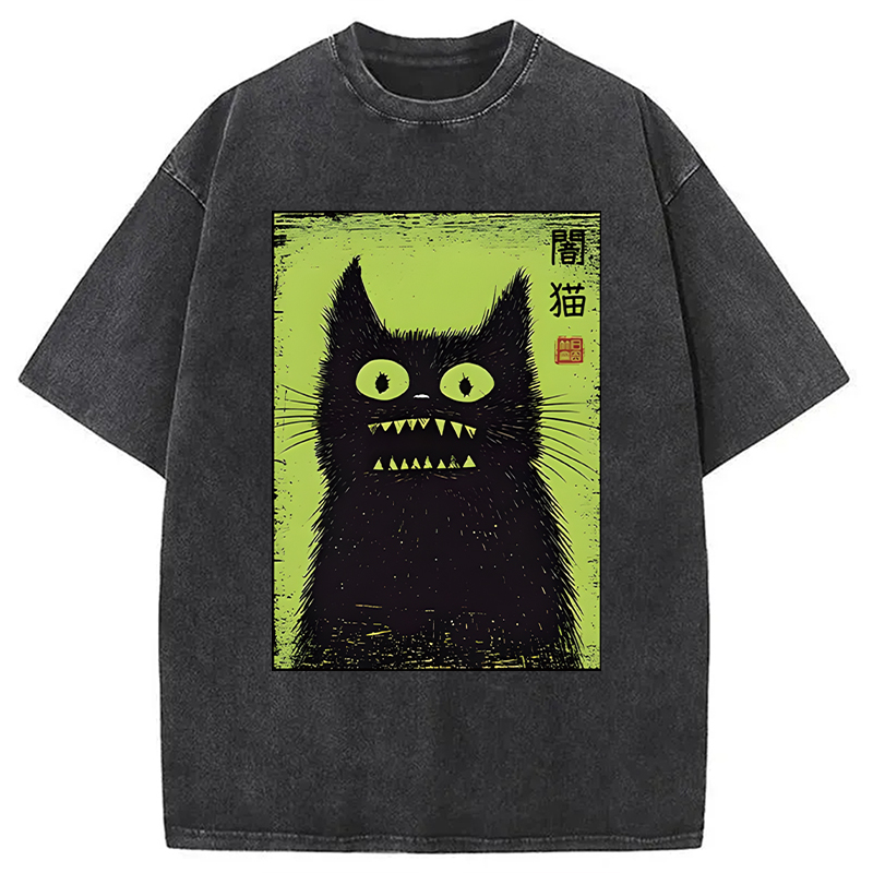 Modecanvas Spooky Black Cat Japanese DTG Printing Washed T-Shirt