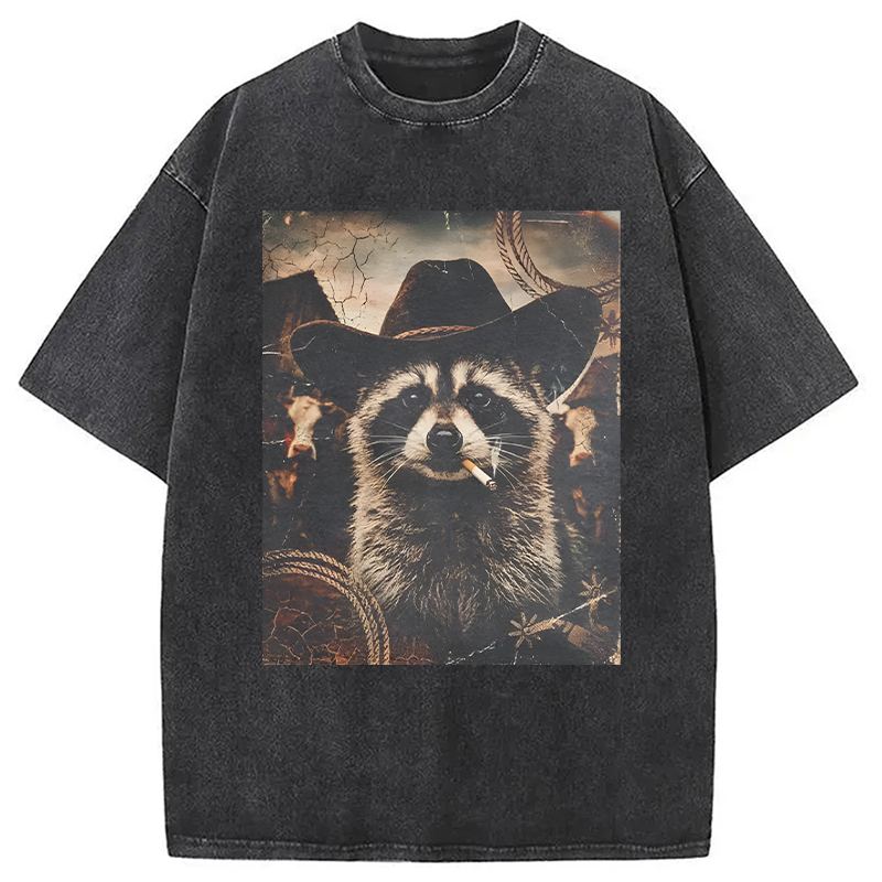 Modecanvas Vintage Weatern Raccoon DTG Printing Washed T-Shirt