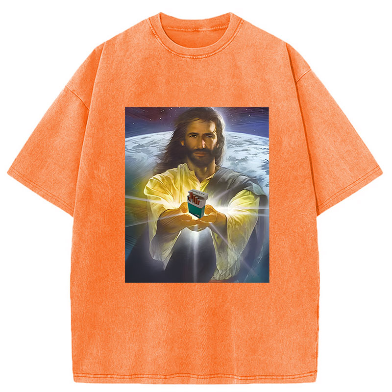 Modecanvas Jesus Holding Cigarettes DTG Printing Washed T-Shirt