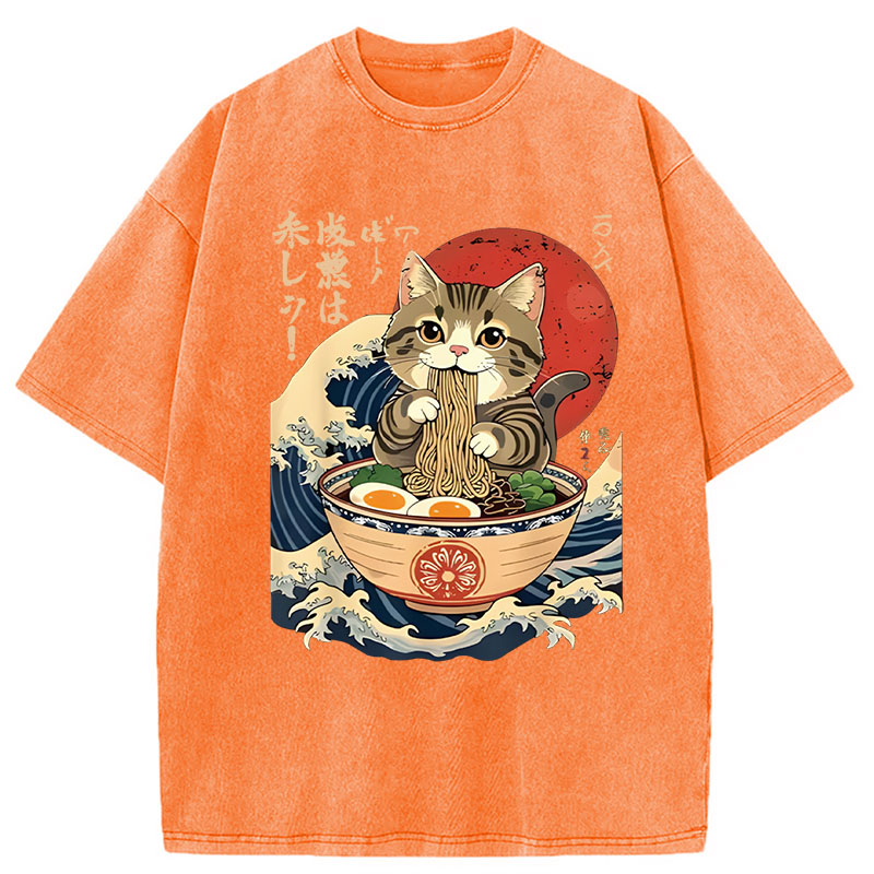 Modecanvas Cat Eating Ramen Noodles DTG Printing Washed T-Shirt
