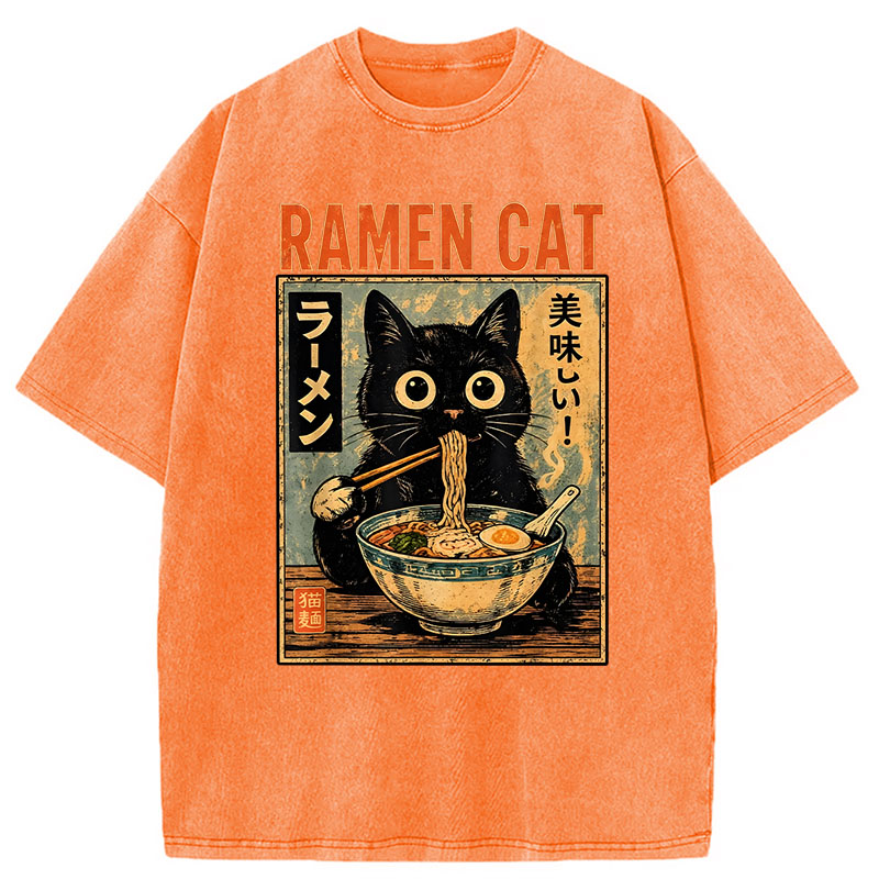 Modecanvas Funny Cat Ramen DTG Printing Washed T-Shirt