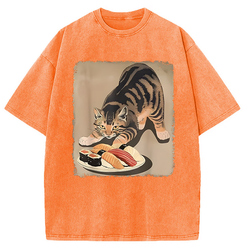 Modecanvas Kawaii Cat Eating Sushi DTG Printing Washed T-Shirt