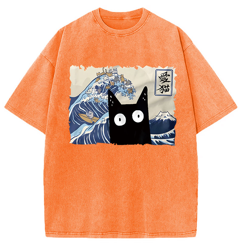Modecanvas Kawaii Cat Japanese Wave DTG Printing Washed T-Shirt