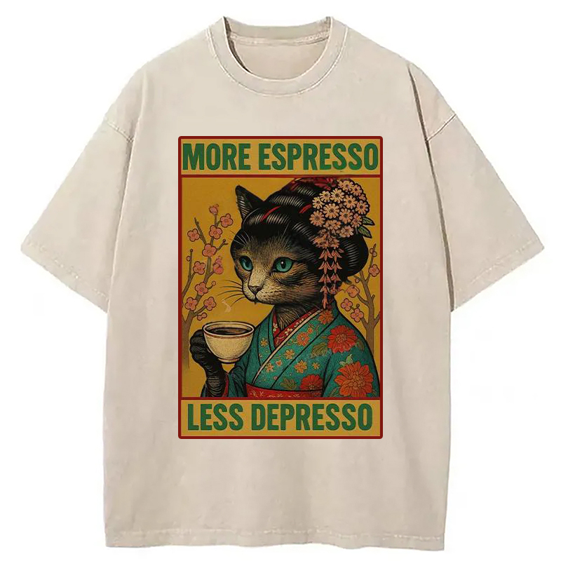Modecanvas Geisha Cat Drinking Coffee Washed T-Shirt