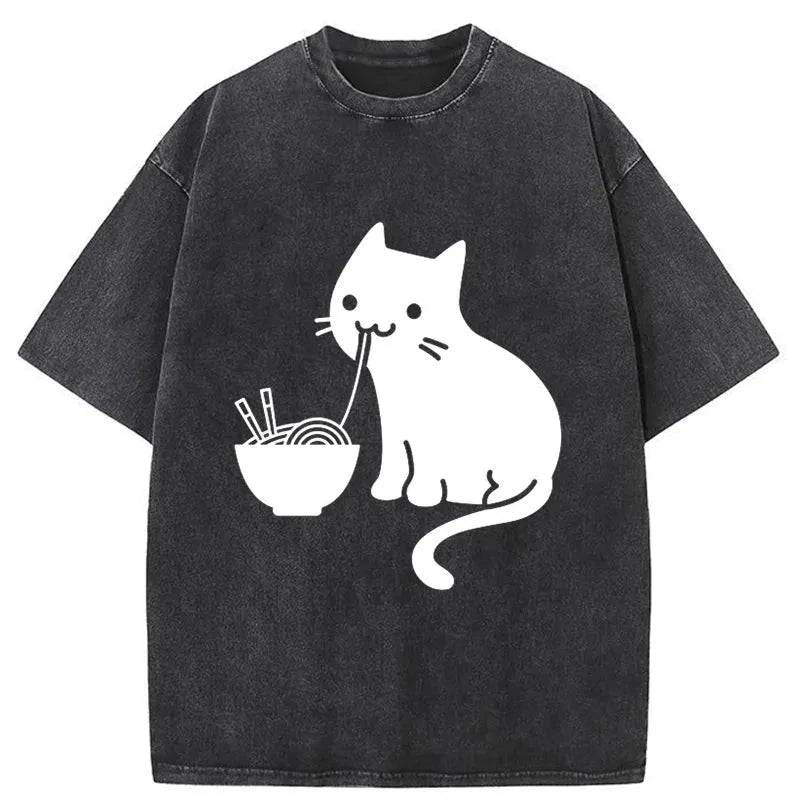 Modecanvas Cat Eating Ramen Japan Washed T-Shirt