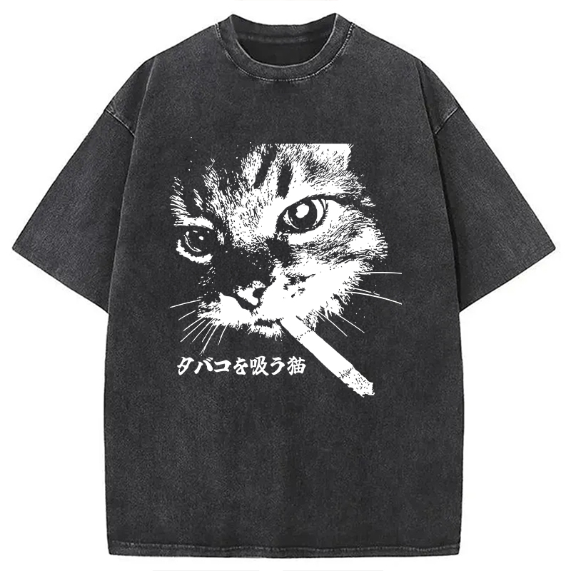 Modecanvas Retro Cat Smoking Washed T-Shirt-modecanvas