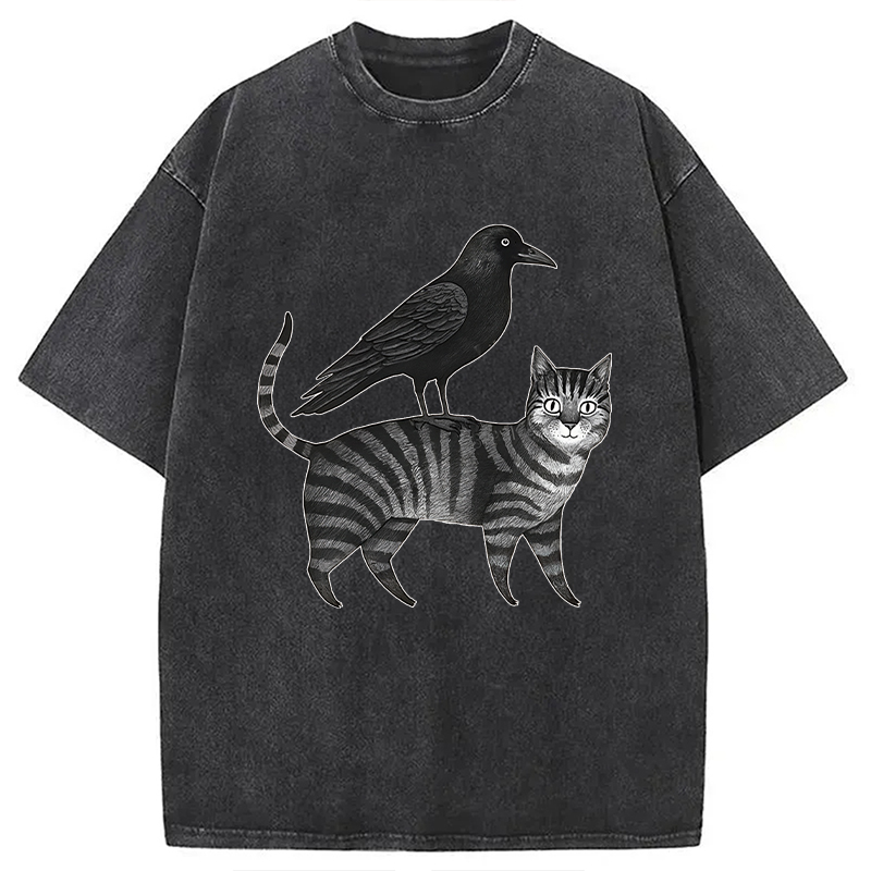Modecanvas Crow Riding A Cat Washed T-Shirt