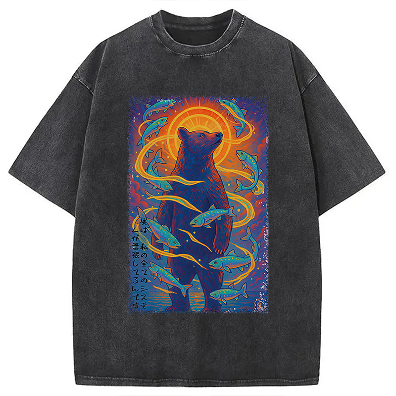 Modecanvas Ukiyoe Bear and Fish Vintage Poster Washed T-Shirt