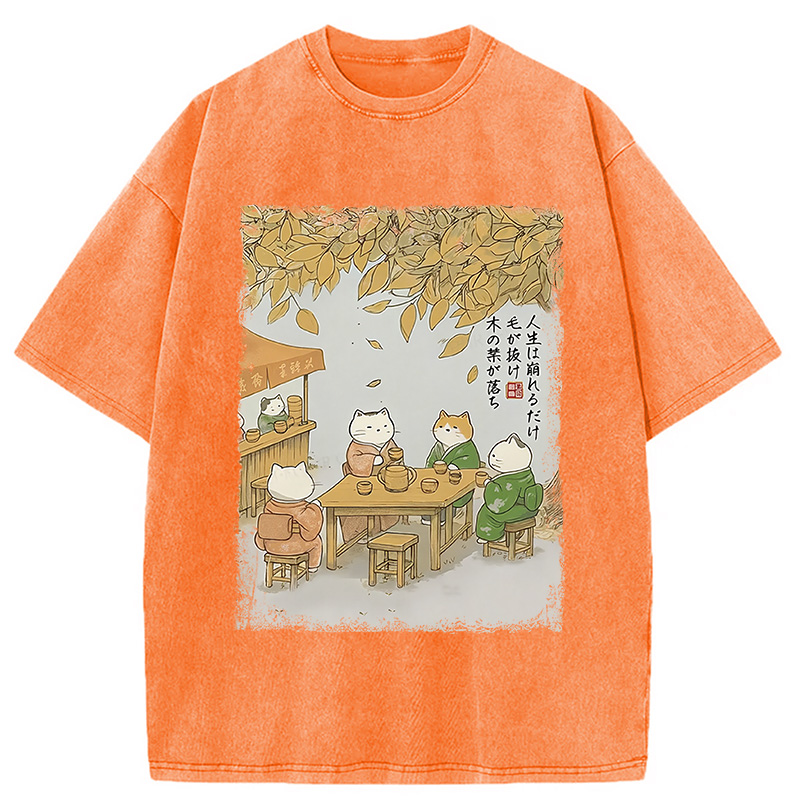 Modecanvas Cats Drinking Tea Under The Tree Washed T-Shirt