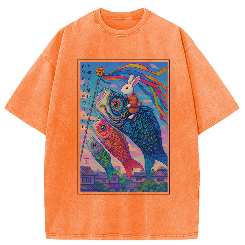 Modecanvas Ukiyoe Rabbit Ride Carp streamer Poster Washed T-Shirt