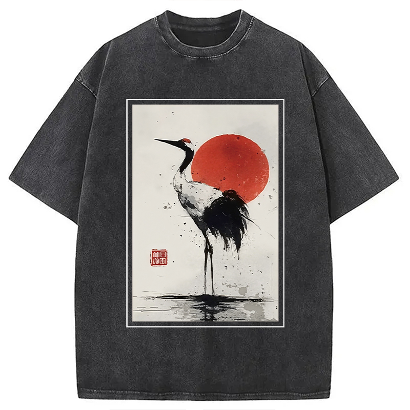 Modecanvas Retro Japanese Red-crowned Crane Washed T-Shirt