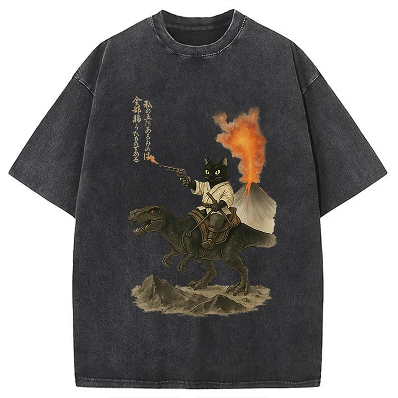 Modecanvas Cat Riding A Dinosaur Washed T-Shirt